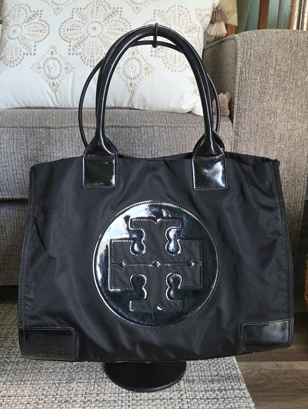 Tory Burch Ella Large Black Nylon Patent Logo Tote Bag